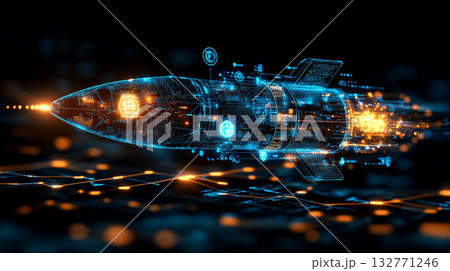 Futuristic business launch visualization glowing rock digital technology innovation energy dynamic progress success excitement 132771246