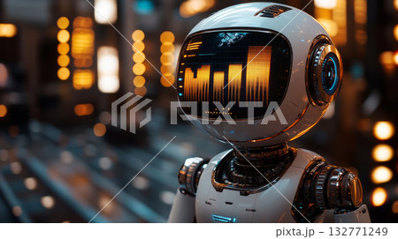 Futuristic robot assistant with digital display, glowing lights, advanced technology, and modern environment, expressing curiosity 132771249