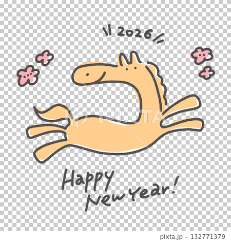 一匹可愛的小馬兒帶著笑容奔跑，周圍環繞著梅花，這是2026年新年素材，祝大家新年快樂！ 132771379