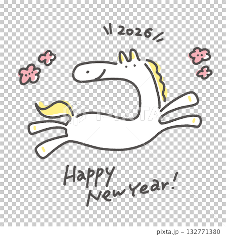 一匹可愛的白馬帶著微笑奔跑，周圍環繞著梅花，這是2026新年素材，祝大家新年快樂！ 132771380