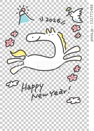 A cute pop New Year's card of a smiling Hakuba horse running 2026 Mount Fuji and plum blossoms 132771488