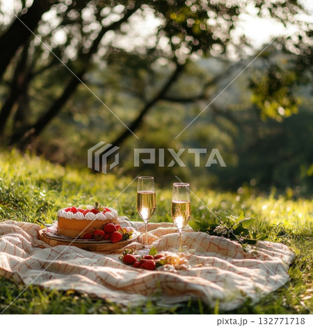Picnic under the afternoon sun with cake and sparkling drinks in a green landscape 132771718