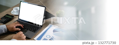 computer mock up blank screen using laptop with blank white copy space office interior 132771730