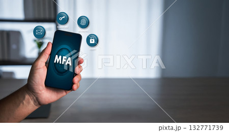 Mobile multi-factor authentication (MFA) concept showing password, biometric, and verification code. Clean blue tone with ample copy space for IT, cybersecurity, and compliance uses. 132771739