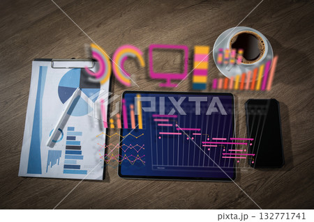 Modern data analysis dashboard on tablet data chart, analytics icons, report database for technology finance KPI data tracking and project planning. 132771741