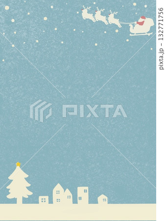 ツリーと街並み メッセージカード サンタとトナカイ 水色 縦 132771756
