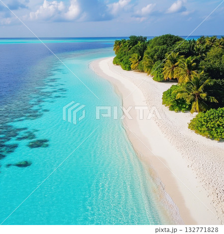 Serene beach with turquoise water and lush greenery on a tropical island in the early afternoon sun 132771828