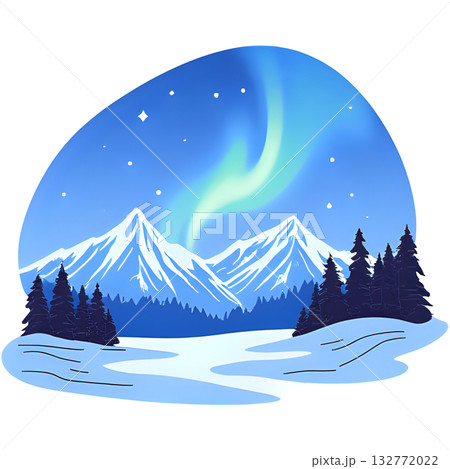 オーロラを背景に雪の積もった山の風景イラスト 132772022