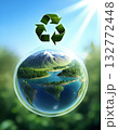 Green Earth recycle creative sign. A sphere with ocean and land on blue sky and blur greenery background, vertical image. 132772448