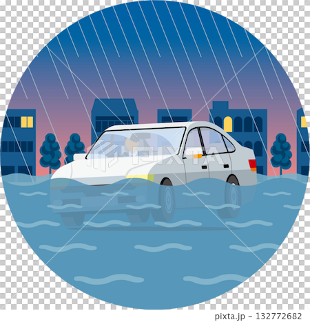 被淹的汽車_夜晚_圓形 被淹的汽車_夜晚_圓形 132772682