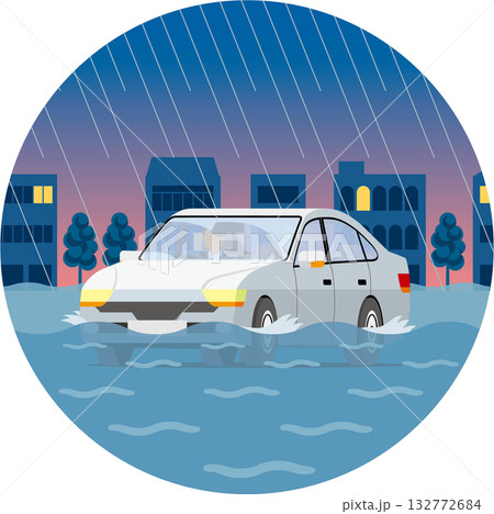夜間に冠水した道路を走行する車_円形 132772684