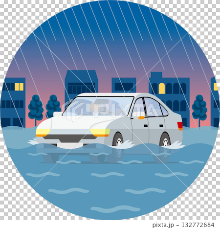 夜間に冠水した道路を走行する車_円形 132772684