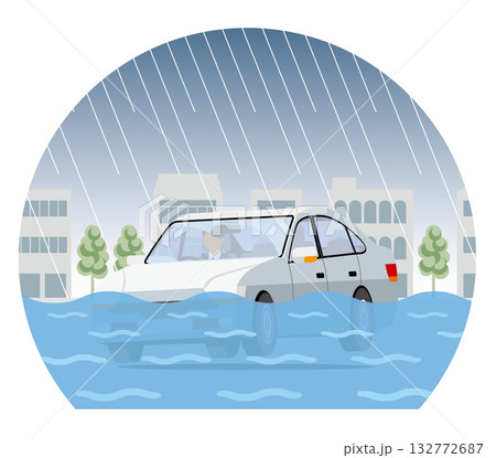 冠水した車_ドーム型 132772687