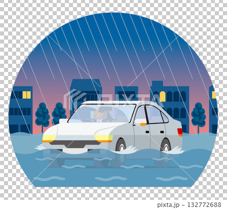 夜間穹頂類型下,汽車行駛在被洪水淹沒的道路上 夜間穹頂類型下,汽車行駛在被洪水淹沒的道路上 132772688