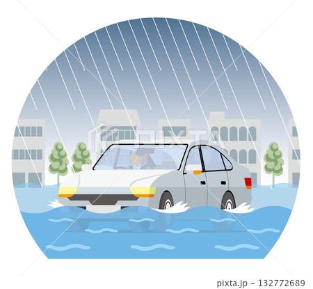 冠水した道路を走行する車_ドーム型 132772689