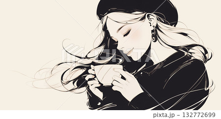 コーヒーを飲む若い女性のイラスト 132772699