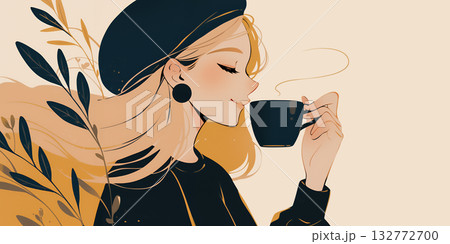 コーヒーを飲む若い女性のイラスト 132772700