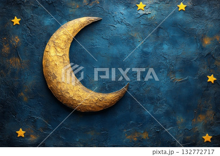 Golden Crescent Moon With Stars On Blue 132772717