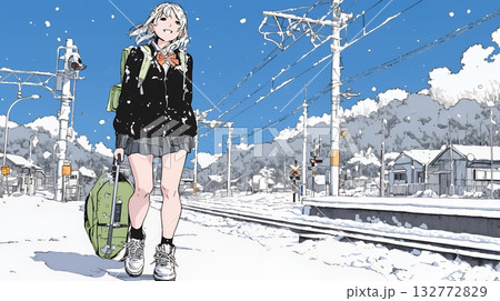 雪の日に通学する女子高生 雪の日に通学する女子高生 132772829