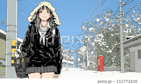 雪の日に通学する女子高生