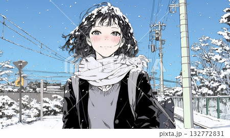 雪の日に通学する女子高生