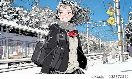 雪の日に通学する女子高生