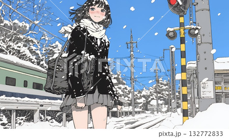 雪の日に通学する女子高生 雪の日に通学する女子高生 132772833