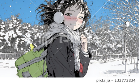 雪の日に通学する女子高生 雪の日に通学する女子高生 132772834