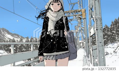 雪の日に通学する女子高生