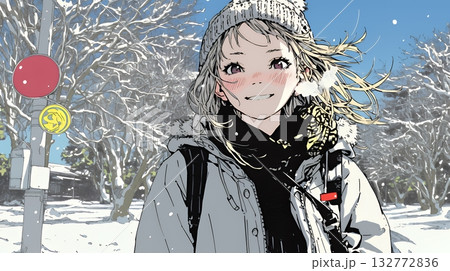 雪の日に通学する女子高生