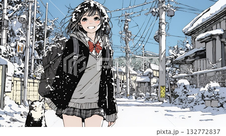 雪の日に通学する女子高生