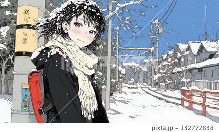 雪の日に通学する女子高生