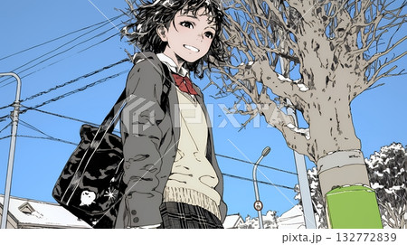 雪の日に通学する女子高生 雪の日に通学する女子高生 132772839