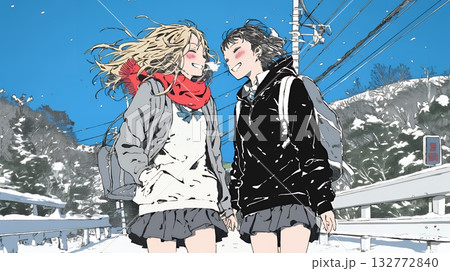 雪の日に友達と通学する女子高生