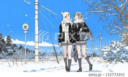 雪の日に友達と通学する女子高生