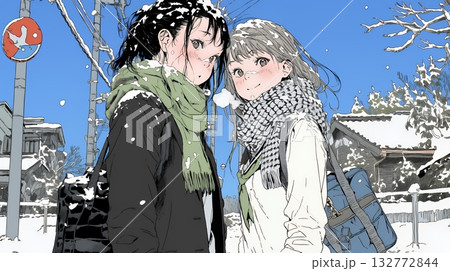 雪の日に友達と通学する女子高生 132772844