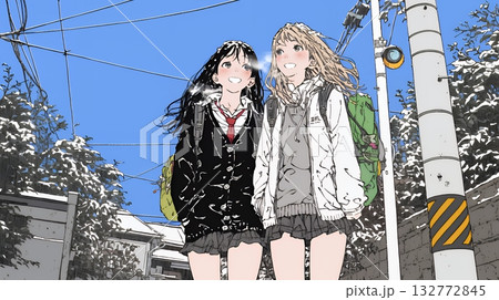 雪の日に友達と通学する女子高生