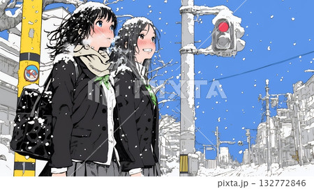 雪の日に友達と通学する女子高生