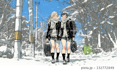 雪の日に友達と通学する女子高生