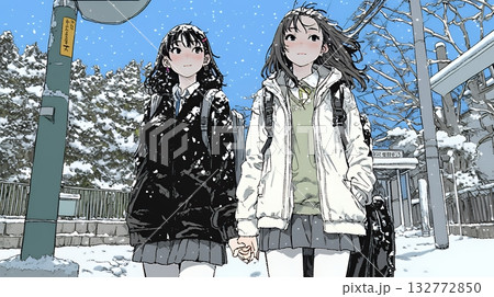 雪の日に友達と通学する女子高生 132772850