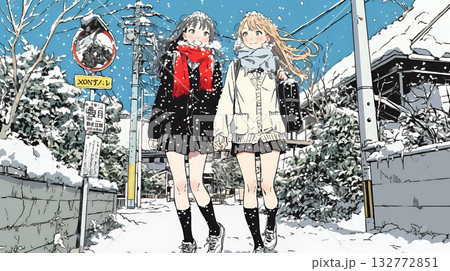 雪の日に友達と通学する女子高生