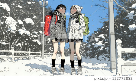 雪の日に友達と通学する女子高生 雪の日に友達と通学する女子高生 132772852