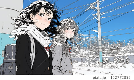 雪の日に友達と通学する女子高生 雪の日に友達と通学する女子高生 132772853