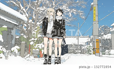 雪の日に友達と通学する女子高生