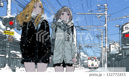 雪の日に友達と通学する女子高生
