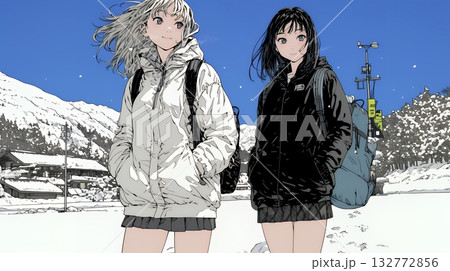 雪の日に友達と通学する女子高生