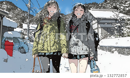 雪の日に友達と通学する女子高生