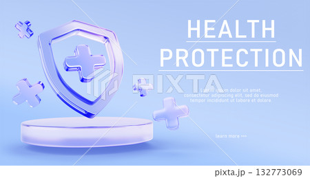 3d health protection landing page with podium, glass holographic shield and purple transparent crosses on blue background. Medical insurance platform, healthcare concept, web banner. 3D illustration 132773069
