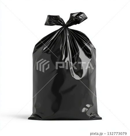 Black garbage bag filled with waste, ready for disposal in urban environment, representing waste management efforts Black garbage bag filled with waste, ready for disposal in urban environment, representing waste management efforts 132773079