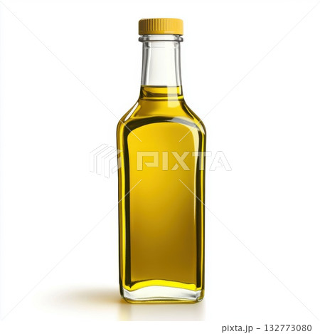 Clear glass bottle filled with golden oil on a white background showcasing its vibrant color and streamlined design 132773080